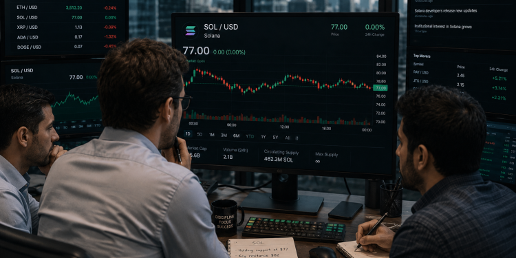 SOL holds $77 as ETF inflows and bullish derivatives signal further upside