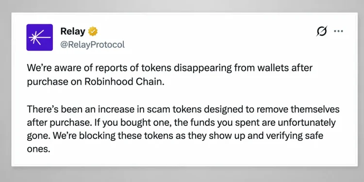 New Chain Hype Meets Old Scam Tactics: Relay Protocol Warns of Robinhood Chain Honeypot Coins