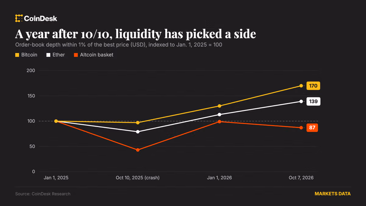 Bitcoin (BTC) and ether (ETH) liquidity rebounds a year after $19 billion crypto flash crash